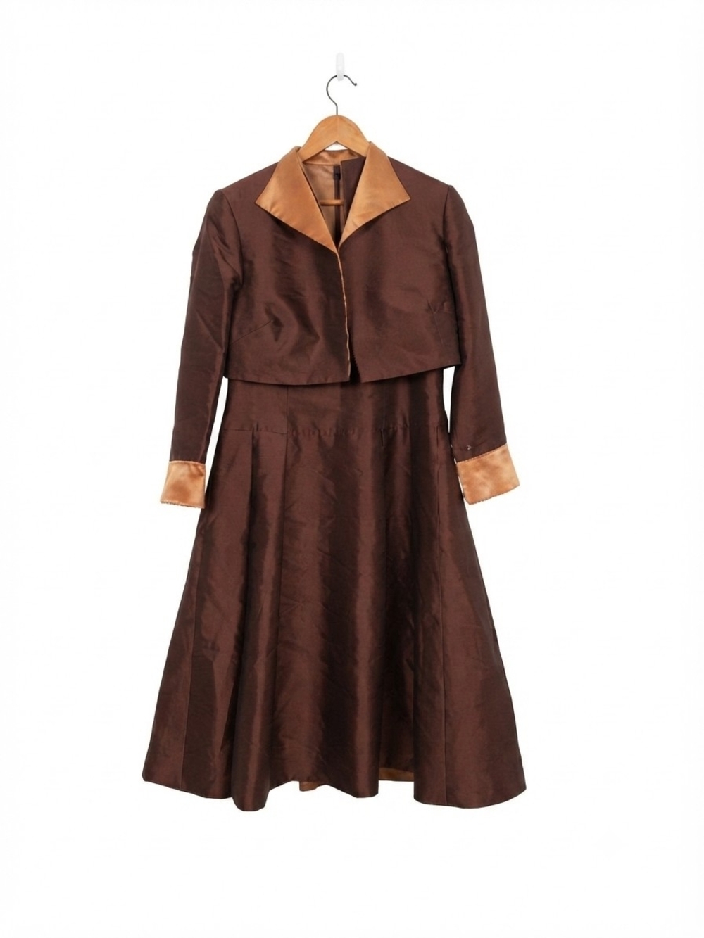 Vintage Craig Signer Silk Blend Designer 2-Piece Dress & Jacket Suit Brown